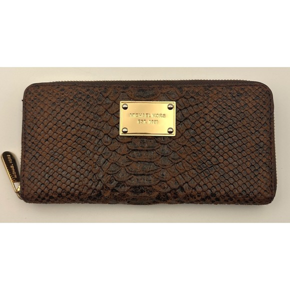 Michael Kors Zip Around Continental Jet Set Travel Brown Python Leather Wallet - Picture 1 of 9